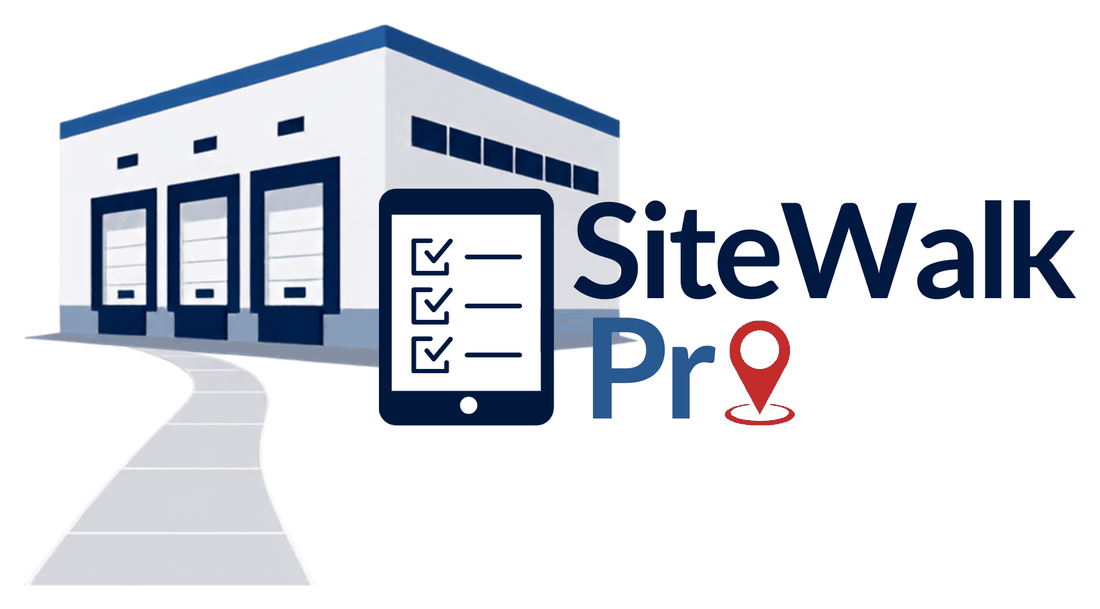 SiteWalk Pro — a walk checklist leaving a warehouse, map pin in the wordmark